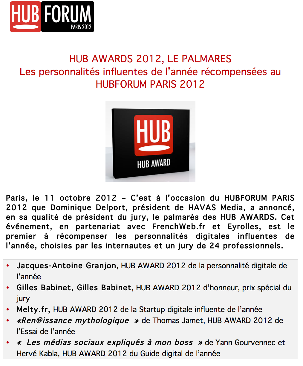 Communiqué Hub Awards 2012, le palmarès